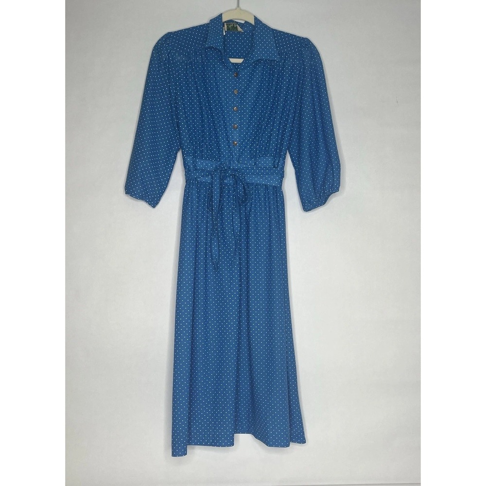 Ms Sugar 1960s Blue‎ Polka Dot Shirt Dress Vtg Midi Dress w/ Waist Bow Hollywood